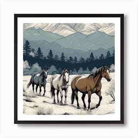 Horses In The Snow Art Print