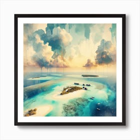 Ocean’s Embrace, An abstract piece in watercolors emphasizing on the circular embrace of the atoll around its central lagoon. This artwork would fit well in a dining room or a kitchen, where it can add some color and warmth to the space. Art Print