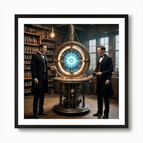 Two Men Standing In Front Of A Clock Art Print