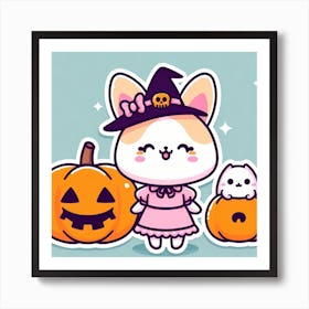 Cat with pumpkins Halloween cartoon, cute, kawaii, anime Art Print