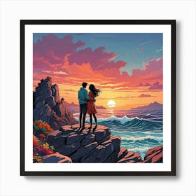 Ocean Sunset Beach With Couple Art Print (4) Art Print