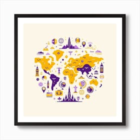 World Adventure: A Cozy and Curious Illustration of a World Map with Landmarks and Symbols in Purple and Yellow Colors Art Print