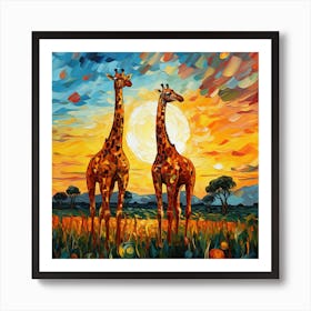 Giraffes At Sunset 45 Art Print