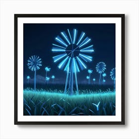 A Field Of Windmills Glowing With Blue Neon Light At Night, Surrounded By Tall Grass Art Print