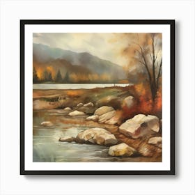 Autumn Lake,Forest Lake, Vintage Oil Painting, Farmhouse Wall Decorations, Antique Landscape, Vintage Landscape Oil Painting.1 5 Art Print