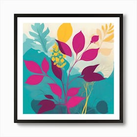 Silhouette of Botanical Illustration, Turquoise, Fuchsia and Yellow Art Print