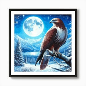 Oil Texture Winter Hawk In The Moonlight 3 Art Print