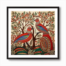 Peacocks In The Forest Madhubani Painting Indian Traditional Style Póster