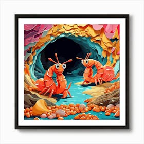 Cartoon Crabs In The Cave Art Print