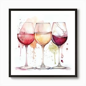 Watercolor Drawings Of Glass Of Rose White And Red Wine Glasses With Splashes Of Color Art Print