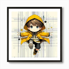 Boy in Yellow Rain Jacket - Abstract Line Art Illustration 61 Art Print