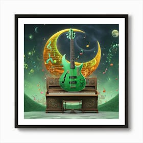 Green Guitar with Music Notes, Piano and Moon in Background Art Print