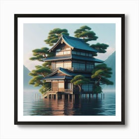 Japanese house in the middle of the sea and trees 1 Art Print