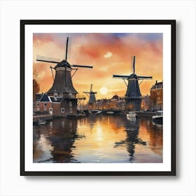 Sketching Amsterdam S Windmills At Sunset, Capturing The Essence Of Dutch Life Style Windmill Sunset Impressionism Art Print Art Print