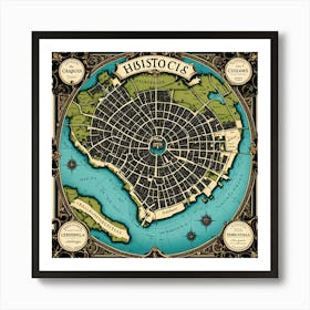 A Vintage Map, Of A Historic City With Ornate Borders And Labels art print 21 Art Print