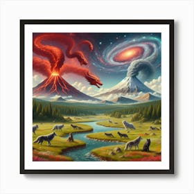 The battle of wolf and dragon volcano's Art Print