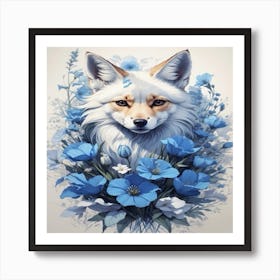 Fox With Blue Flowers.  Art Print