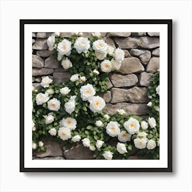 White Climbing Roses On Stone Wall Art Print