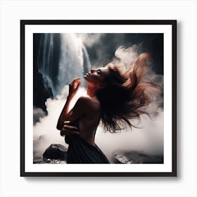 Beautiful Woman In Front Of Waterfall Art Print