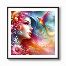 Colorful Girl With Hummingbird Art Print