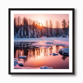 Sunset Over A Frozen Lake Art Print