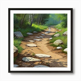 Path In The Woods.A dirt footpath in the forest. Spring season. Wild grasses on both ends of the path. Scattered rocks. Oil colors.6 Art Print