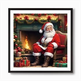 Santa Claus In Front Of Fireplace Art Print