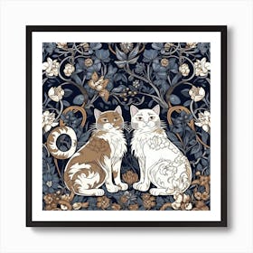 William Morris Inspired   Classic Cats Brown And White Blue Kittens Square Art Print