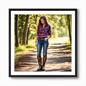 Young Woman In Plaid Shirt In The Forest Art Print