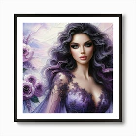 Beautiful Woman With Purple Roses Art Print