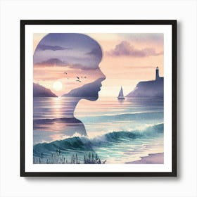 Silhouette Of A Woman At Sunset Art Print