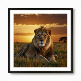 A Majestic Lion Lounging On A Grassy Savanna At Sunset, Surrounded By The Golden Hues Of The Setting Sun And The Vast Expanse Of The African Plains Art Print