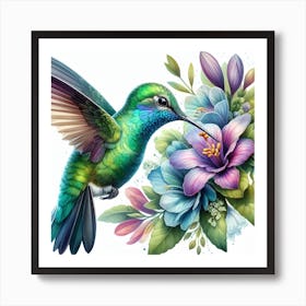 Hummingbird and Flower: A Realistic Watercolor Painting of a Beautiful Nature Scene Art Print