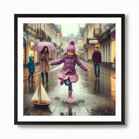 Little Girl Jumping In The Rain 1 Art Print