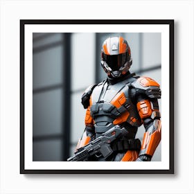 A Futuristic Warrior Stands Tall, His Gleaming Suit And Orange And Sky Blue Visor Commanding Attention 2 Art Print