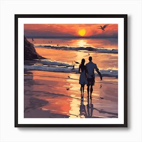 Couple Walking On The Beach At Sunset 1 Art Print