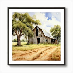 Watercolor Rustic Barn Country Field Landscape Big Tall Olive Green Trees And Burnt Sienna Art Print