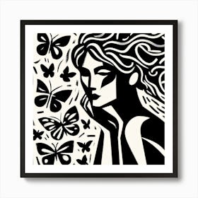 Matisse Style Portrait with Butterflies Art Print