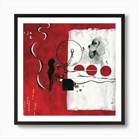 Eclectic Woman and Dog Painting - Red Art Print