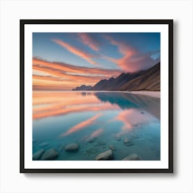 A tranquil sea with hills at sunset Art Print