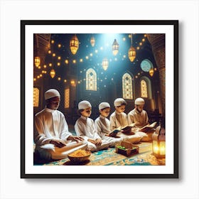 Muslim Children Praying In Mosqueلمشاعر الروحانية في رمضان Art Print