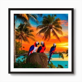 Tropical Parrots At Sunset Art Print