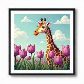 Giraffe Near Purple Tulips 1 Art Print