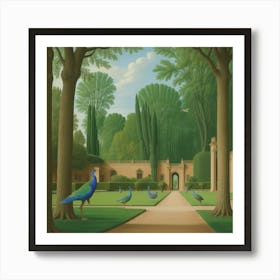 Peacocks in a Renaissance Garden Series. In Style of David Hockney 9 Art Print