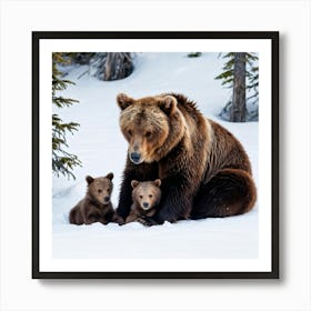 Alaskan Brown Bear Mother Cradling Her Resting Cubs During A Serene Winter Day In The Alpine Forest Art Print