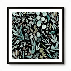 Eucalyptus Leaves Botanical Pattern - Black Art Print