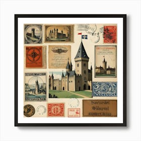 Collection Of Antique Postcards And Stamps In A Frame Poster