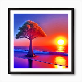 Tree On The Beach At Sunset Art Print