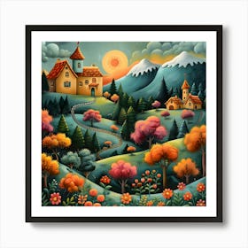 Landscape Painting, Naive, Whimsical, Folk Art Print