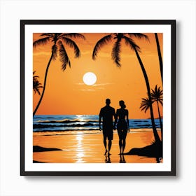 Couple On The Beach At Sunset Art Print